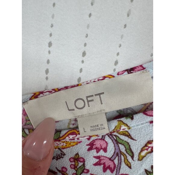 Loft Womens Blouse Sz L Pink Cropped Elastic Waist Long-Slv Cottage Ditzy Floral - Picture 2 of 9